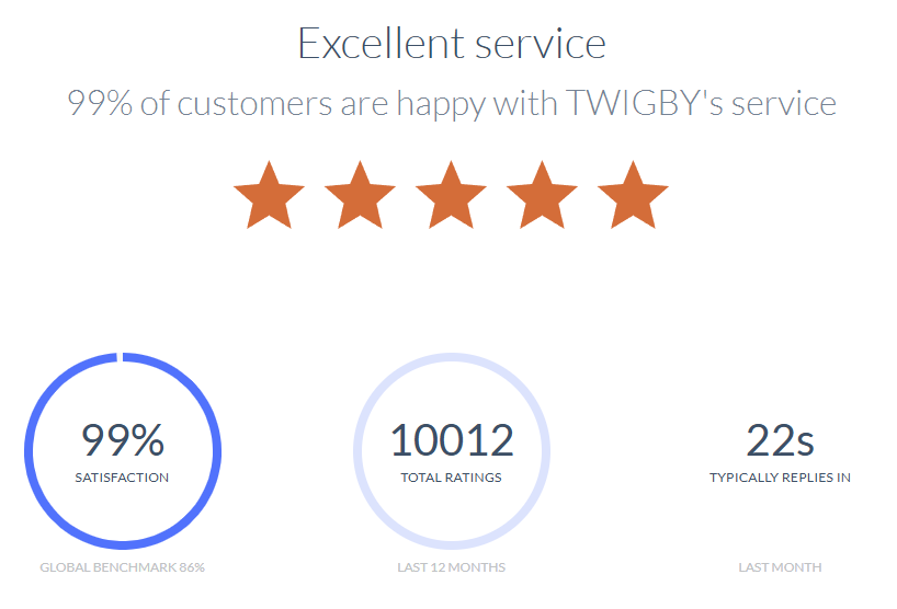Screenshot from Twigby Mobile's website. Shows stats for Livechat support. 99% of customers are happy, 10012 ratings, and the reply time is 22 seconds.