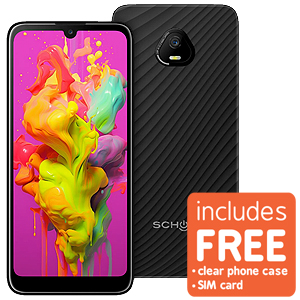 Schok Volt Phone with an orange box in the bottom right corner that contains text that states includes free clear phone case and SIM card.